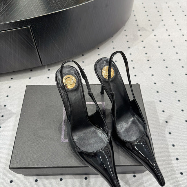 YSL 26S POINTED-TOE SLINGBACK HEELS 105 MM IN BLACK PATENT CALFSKIN STYLE 1