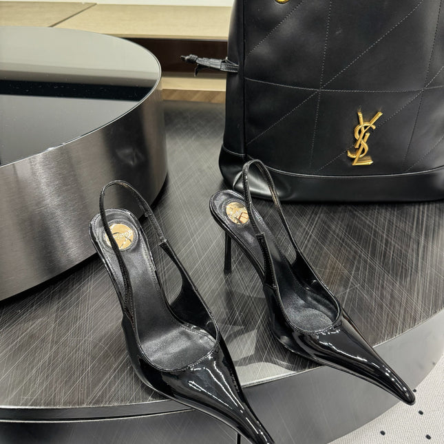YSL 26S POINTED-TOE SLINGBACK HEELS 105 MM IN BLACK PATENT CALFSKIN STYLE 1