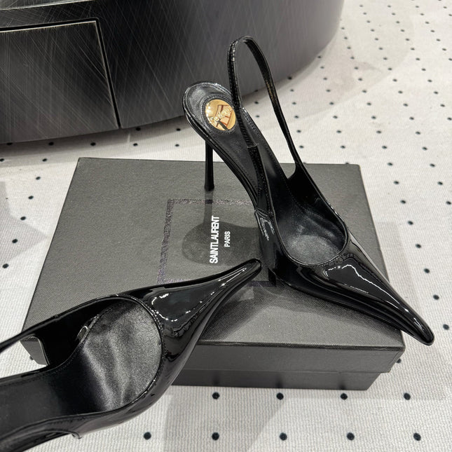YSL 26S POINTED-TOE SLINGBACK HEELS 105 MM IN BLACK PATENT CALFSKIN STYLE 1