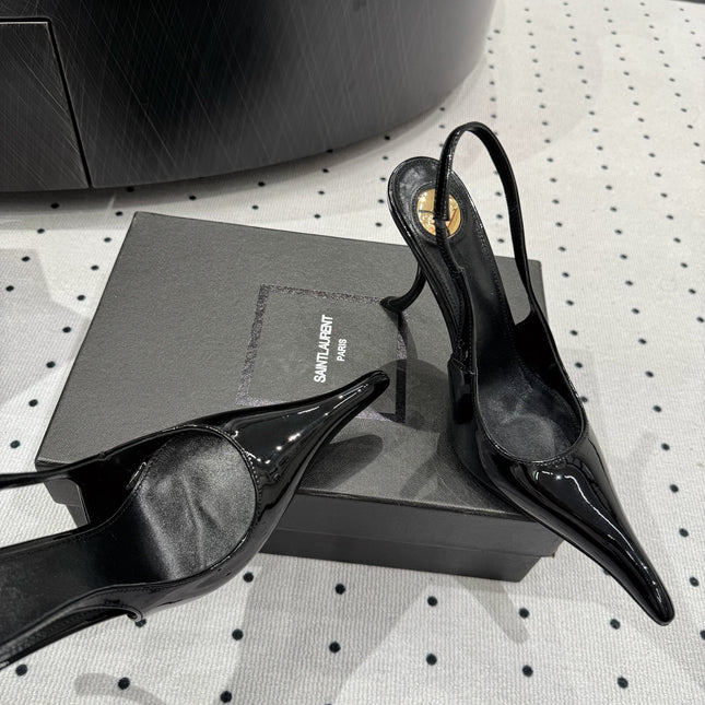 YSL 26S POINTED-TOE SLINGBACK HEELS 105 MM IN BLACK PATENT CALFSKIN