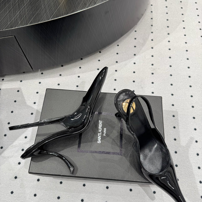 YSL 26S POINTED-TOE SLINGBACK HEELS 105 MM IN BLACK PATENT CALFSKIN
