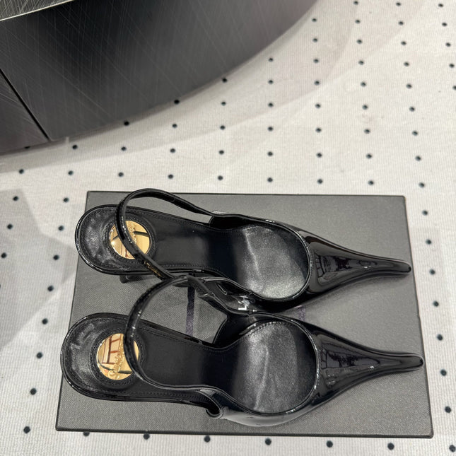 YSL 26S POINTED-TOE SLINGBACK HEELS 105 MM IN BLACK PATENT CALFSKIN