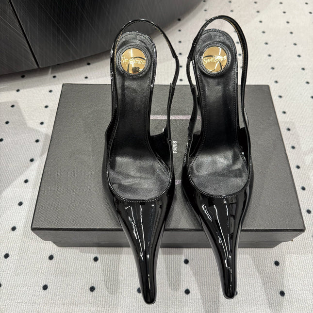 YSL 26S POINTED-TOE SLINGBACK HEELS 105 MM IN BLACK PATENT CALFSKIN