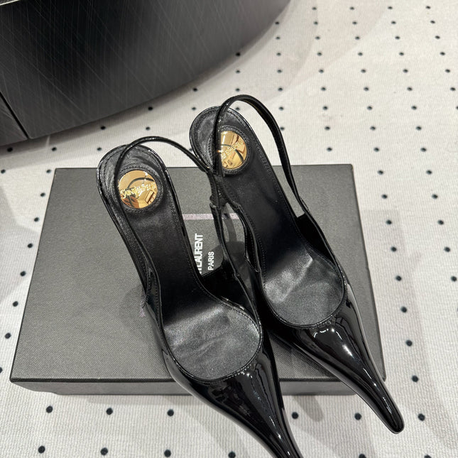 YSL 26S POINTED-TOE SLINGBACK HEELS 105 MM IN BLACK PATENT CALFSKIN