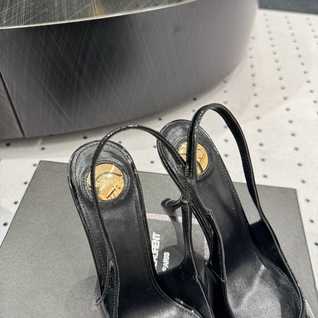 YSL 26S POINTED-TOE SLINGBACK HEELS 105 MM IN BLACK PATENT CALFSKIN