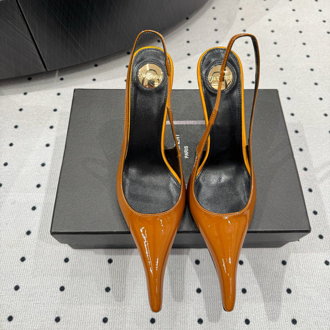 YSL 26S POINTED-TOE SLINGBACK HEELS 105 MM IN DARK ORANGE PATENT CALFSKIN
