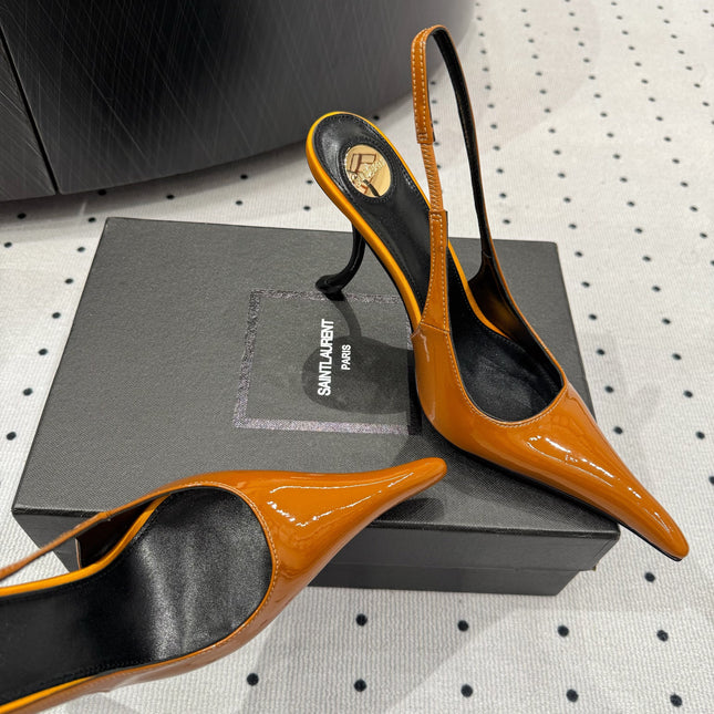 YSL 26S POINTED-TOE SLINGBACK HEELS 105 MM IN DARK ORANGE PATENT CALFSKIN