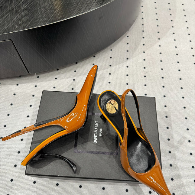 YSL 26S POINTED-TOE SLINGBACK HEELS 105 MM IN DARK ORANGE PATENT CALFSKIN