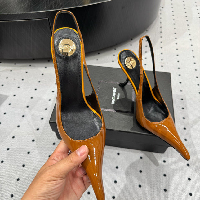 YSL 26S POINTED-TOE SLINGBACK HEELS 105 MM IN DARK ORANGE PATENT CALFSKIN