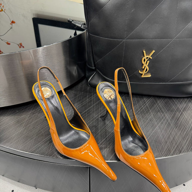 YSL 26S POINTED-TOE SLINGBACK HEELS 105 MM IN DARK ORANGE PATENT CALFSKIN