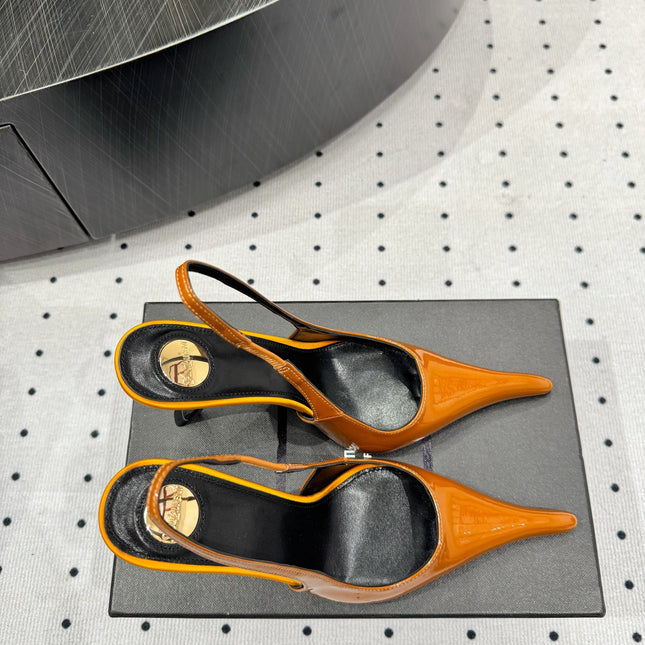YSL 26S POINTED-TOE SLINGBACK HEELS 105 MM IN DARK ORANGE PATENT CALFSKIN