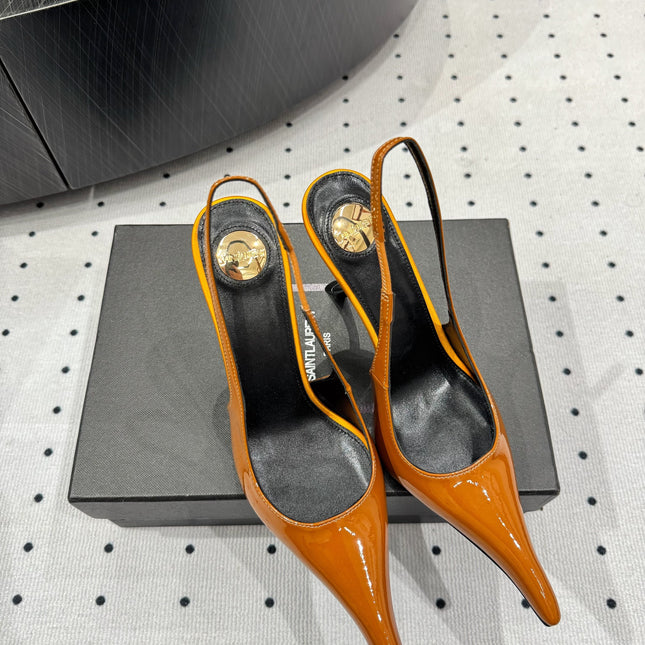 YSL 26S POINTED-TOE SLINGBACK HEELS 105 MM IN DARK ORANGE PATENT CALFSKIN