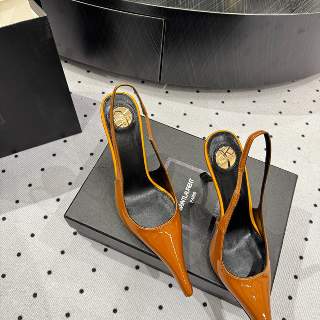 YSL 26S POINTED-TOE SLINGBACK HEELS 105 MM IN DARK ORANGE PATENT CALFSKIN
