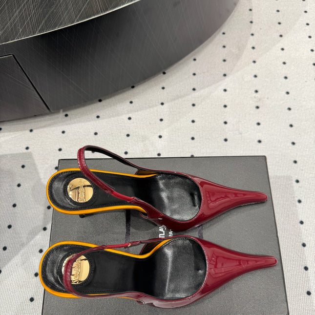 YSL 26S POINTED-TOE SLINGBACK HEELS 105 MM IN DARK RED AND ORANGE PATENT CALFSKIN