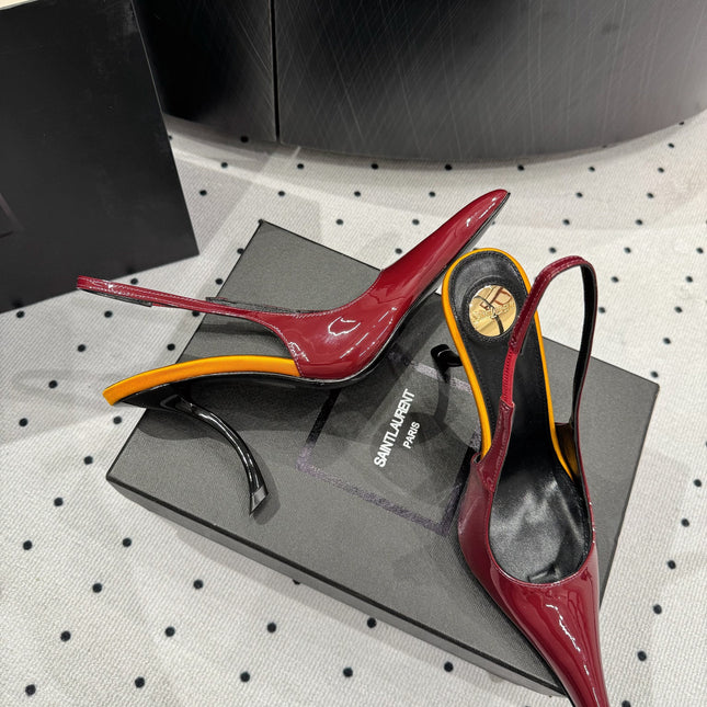 YSL 26S POINTED-TOE SLINGBACK HEELS 105 MM IN DARK RED AND ORANGE PATENT CALFSKIN