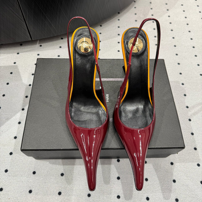 YSL 26S POINTED-TOE SLINGBACK HEELS 105 MM IN DARK RED AND ORANGE PATENT CALFSKIN