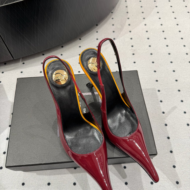 YSL 26S POINTED-TOE SLINGBACK HEELS 105 MM IN DARK RED AND ORANGE PATENT CALFSKIN