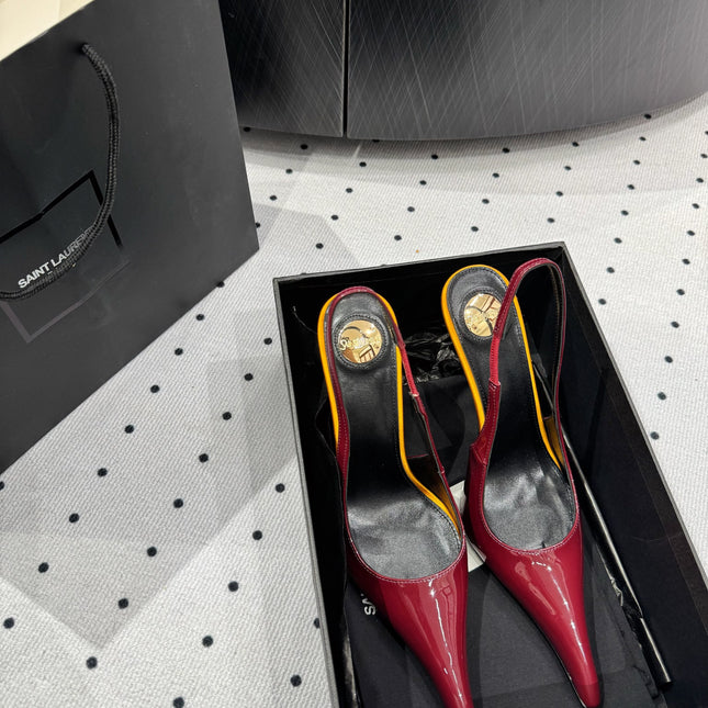YSL 26S POINTED-TOE SLINGBACK HEELS 105 MM IN DARK RED AND ORANGE PATENT CALFSKIN