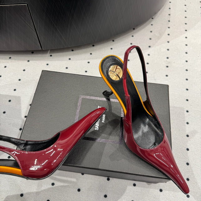 YSL 26S POINTED-TOE SLINGBACK HEELS 105 MM IN DARK RED AND ORANGE PATENT CALFSKIN