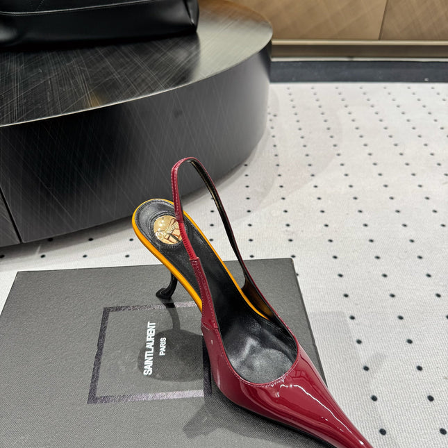 YSL 26S POINTED-TOE SLINGBACK HEELS 105 MM IN DARK RED AND ORANGE PATENT CALFSKIN