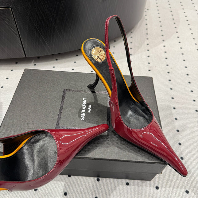 YSL 26S POINTED-TOE SLINGBACK HEELS 105 MM IN DARK RED AND ORANGE PATENT CALFSKIN