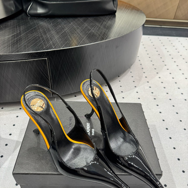 YSL 26S POINTED-TOE SLINGBACK HEELS 105 MM IN BLACK AND ORANGE PATENT CALFSKIN