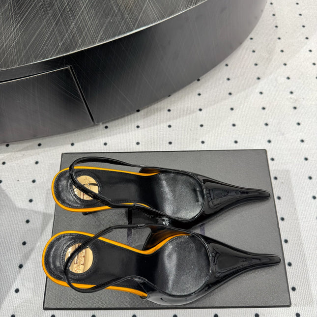YSL 26S POINTED-TOE SLINGBACK HEELS 105 MM IN BLACK AND ORANGE PATENT CALFSKIN