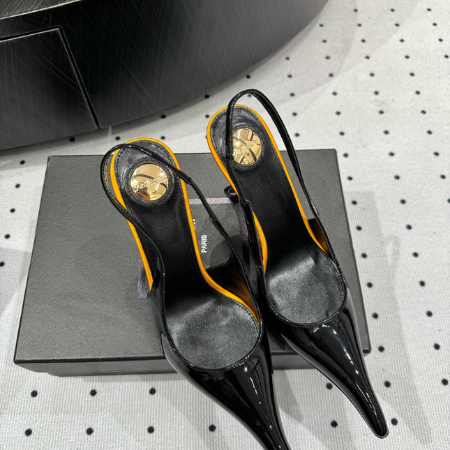 YSL 26S POINTED-TOE SLINGBACK HEELS 105 MM IN BLACK AND ORANGE PATENT CALFSKIN