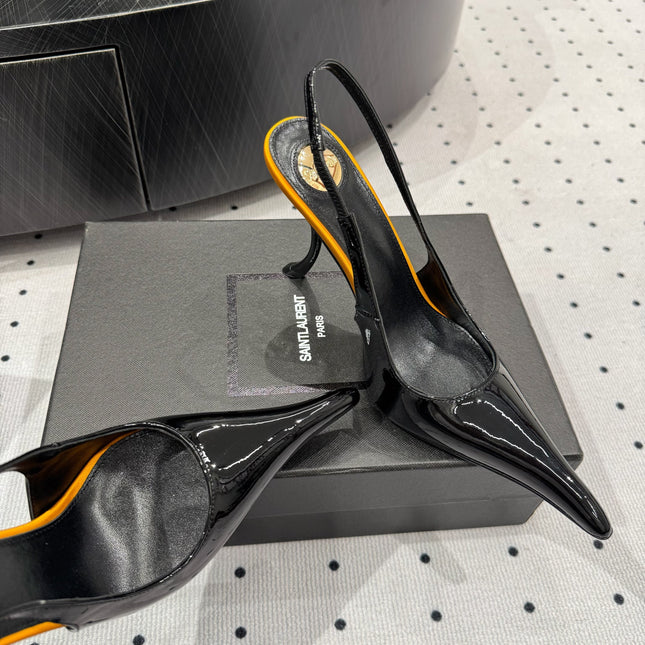 YSL 26S POINTED-TOE SLINGBACK HEELS 105 MM IN BLACK AND ORANGE PATENT CALFSKIN