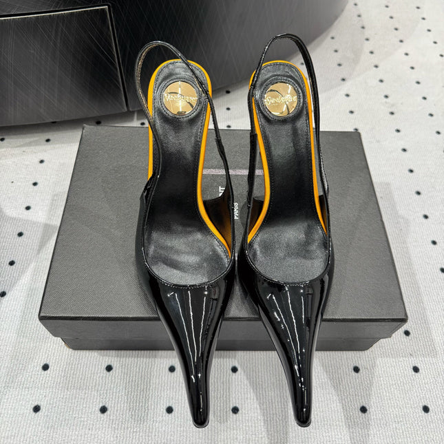 YSL 26S POINTED-TOE SLINGBACK HEELS 105 MM IN BLACK AND ORANGE PATENT CALFSKIN