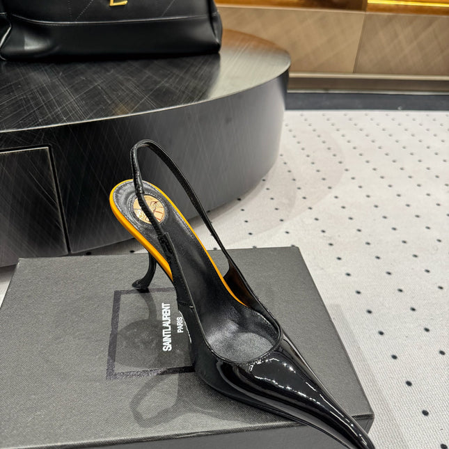 YSL 26S POINTED-TOE SLINGBACK HEELS 105 MM IN BLACK AND ORANGE PATENT CALFSKIN