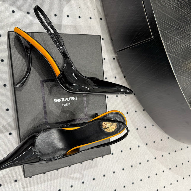 YSL 26S POINTED-TOE SLINGBACK HEELS 105 MM IN BLACK AND ORANGE PATENT CALFSKIN