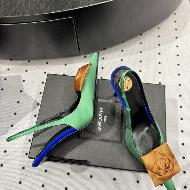 YSL 26S SLINGBACK HEELS 105 MM IN LIGHT BROWN AND GREEN SATIN