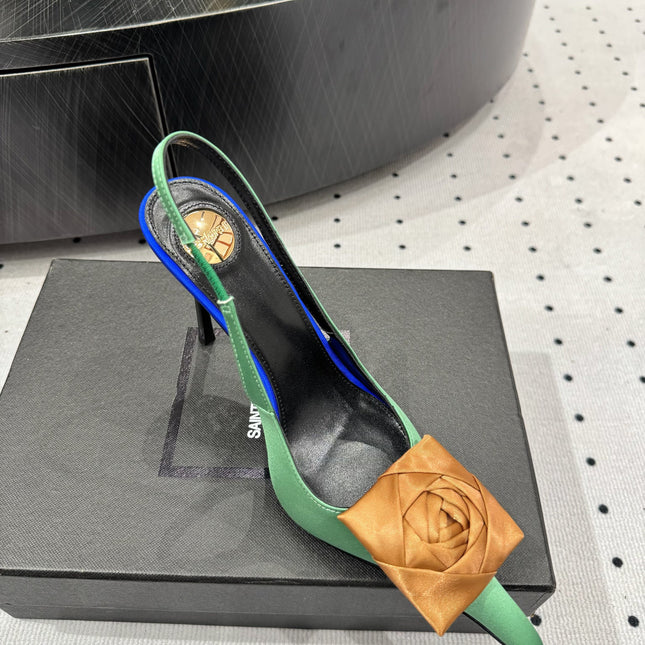 YSL 26S SLINGBACK HEELS 105 MM IN LIGHT BROWN AND GREEN SATIN