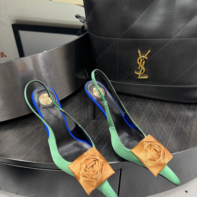YSL 26S SLINGBACK HEELS 105 MM IN LIGHT BROWN AND GREEN SATIN