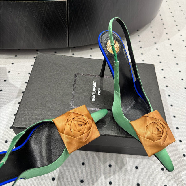 YSL 26S SLINGBACK HEELS 105 MM IN LIGHT BROWN AND GREEN SATIN
