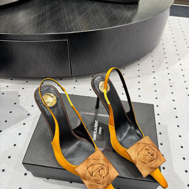YSL 26S SLINGBACK HEELS 105 MM IN DARK ORANGE SATIN