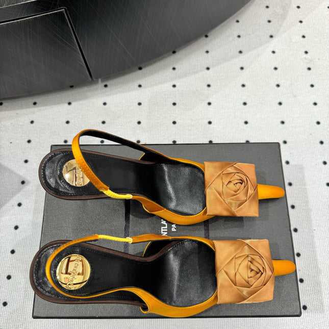 YSL 26S SLINGBACK HEELS 105 MM IN DARK ORANGE SATIN
