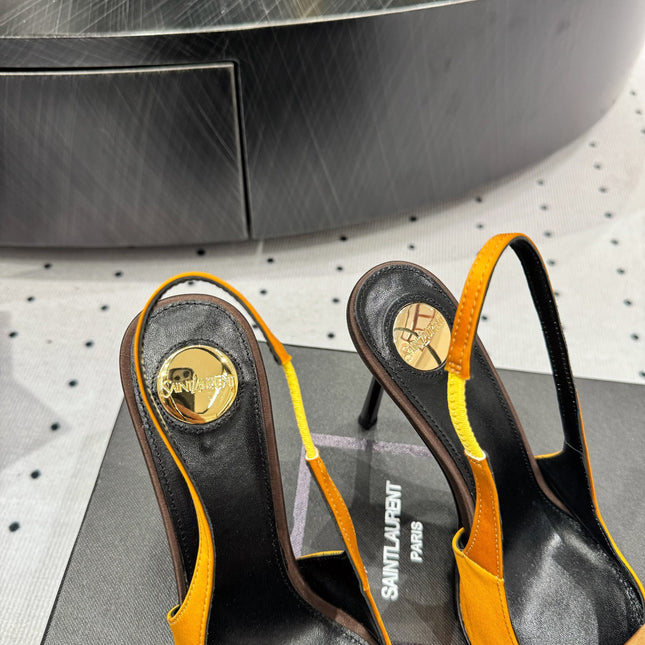 YSL 26S SLINGBACK HEELS 105 MM IN DARK ORANGE SATIN