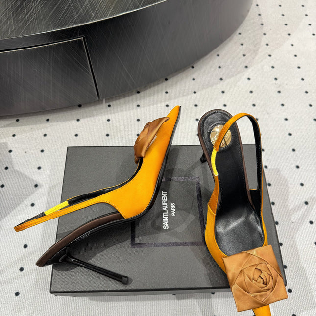 YSL 26S SLINGBACK HEELS 105 MM IN DARK ORANGE SATIN