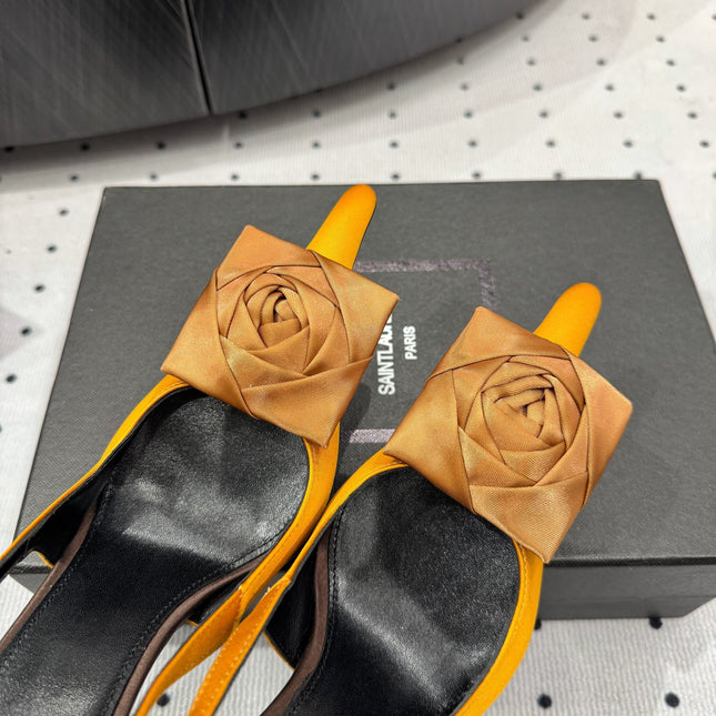 YSL 26S SLINGBACK HEELS 105 MM IN DARK ORANGE SATIN