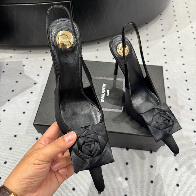 YSL 26S SLINGBACK HEELS 105 MM IN BLACK SATIN