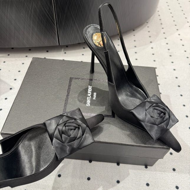YSL 26S SLINGBACK HEELS 105 MM IN BLACK SATIN