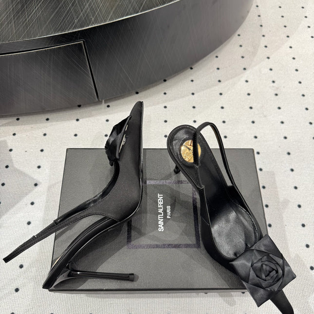 YSL 26S SLINGBACK HEELS 105 MM IN BLACK SATIN
