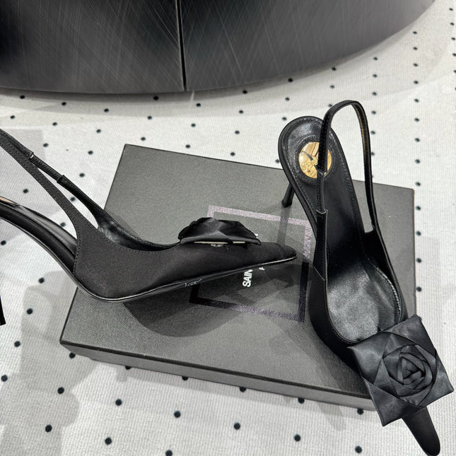 YSL 26S SLINGBACK HEELS 105 MM IN BLACK SATIN