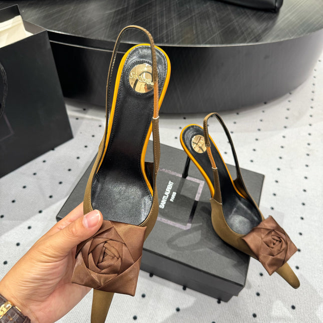 YSL 26S SLINGBACK HEELS 105 MM IN BROWN AND OLIVE SATIN