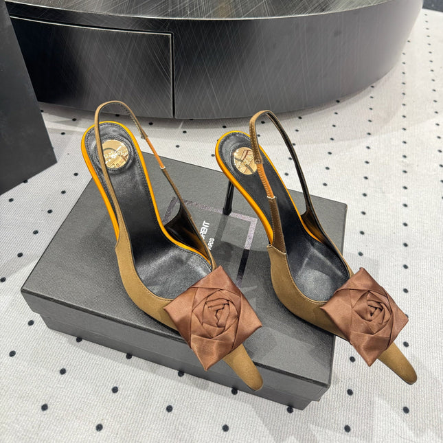 YSL 26S SLINGBACK HEELS 105 MM IN BROWN AND OLIVE SATIN
