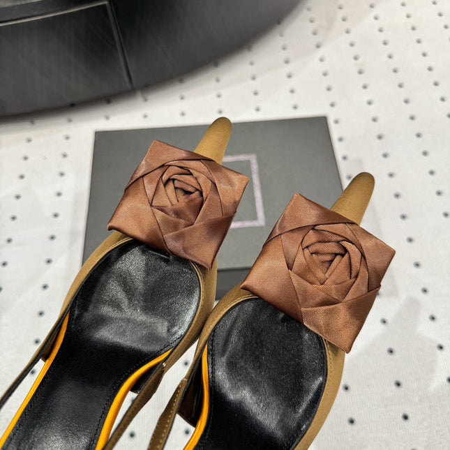 YSL 26S SLINGBACK HEELS 105 MM IN BROWN AND OLIVE SATIN