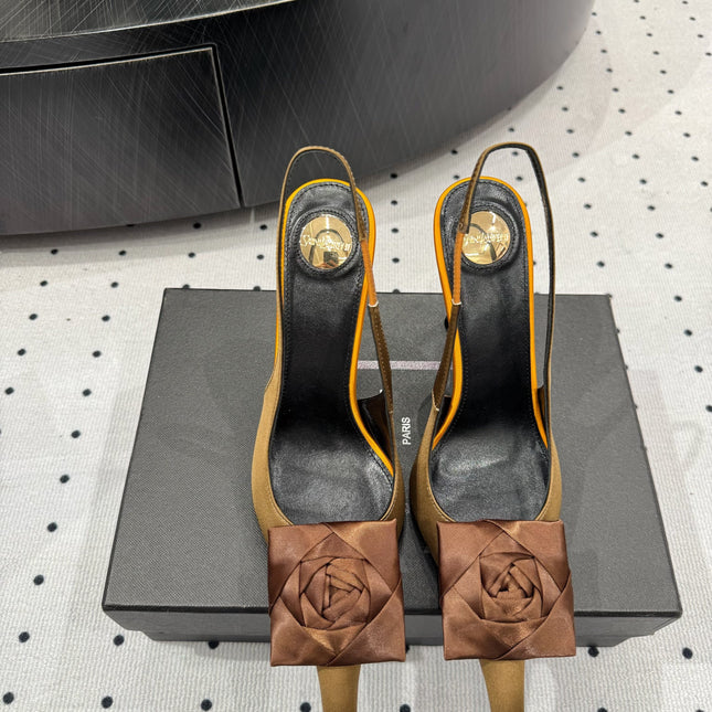 YSL 26S SLINGBACK HEELS 105 MM IN BROWN AND OLIVE SATIN