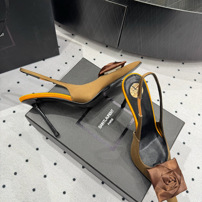 YSL 26S SLINGBACK HEELS 105 MM IN BROWN AND OLIVE SATIN
